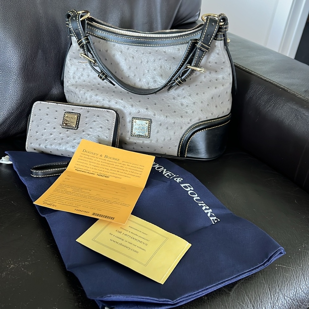 Dooney & Bourke Gray and Black Shoulder Bag with Ostrich Print- like new